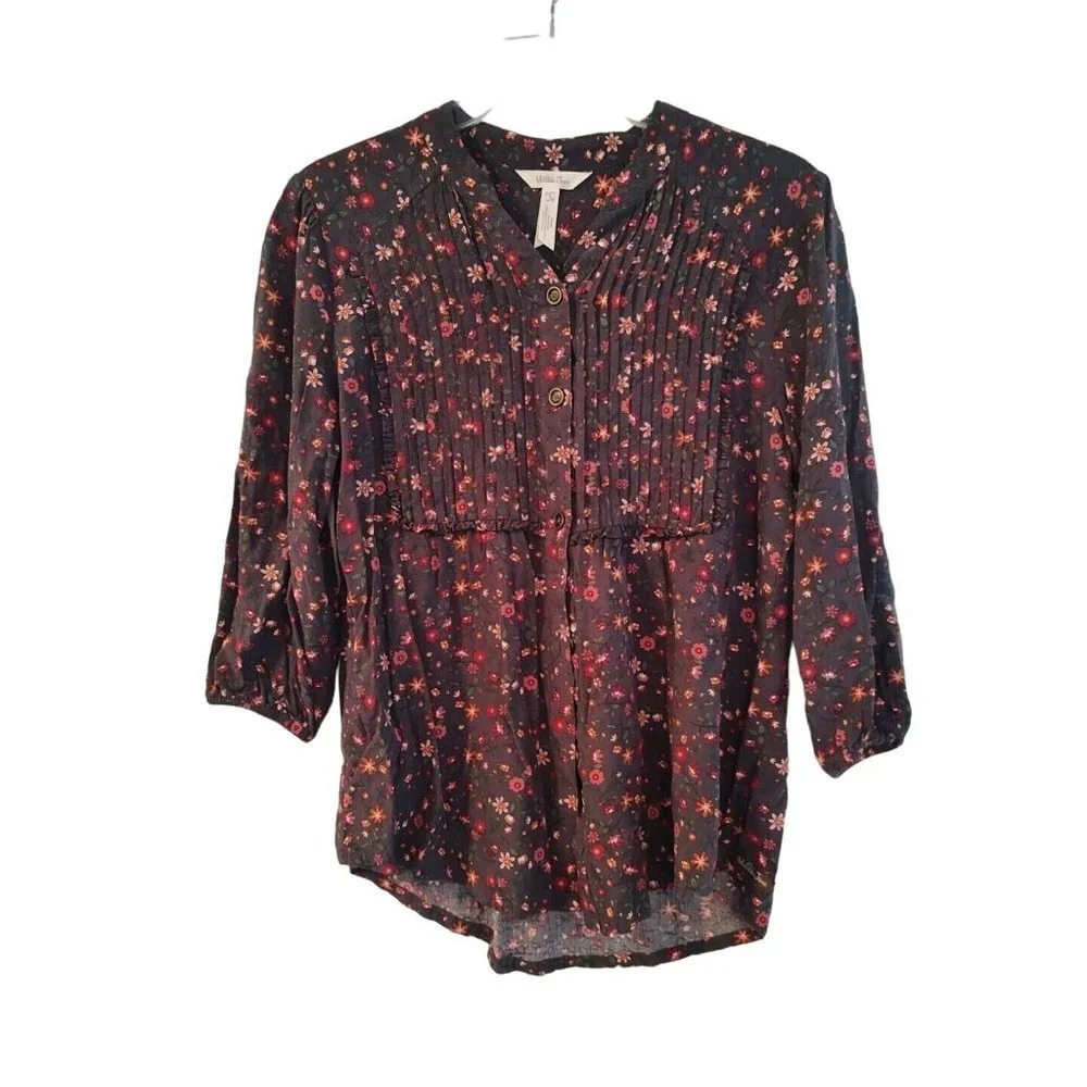Matilda Jane Gray Floral Button Up Peasant Babydoll Top Size S Pintuck 26652T